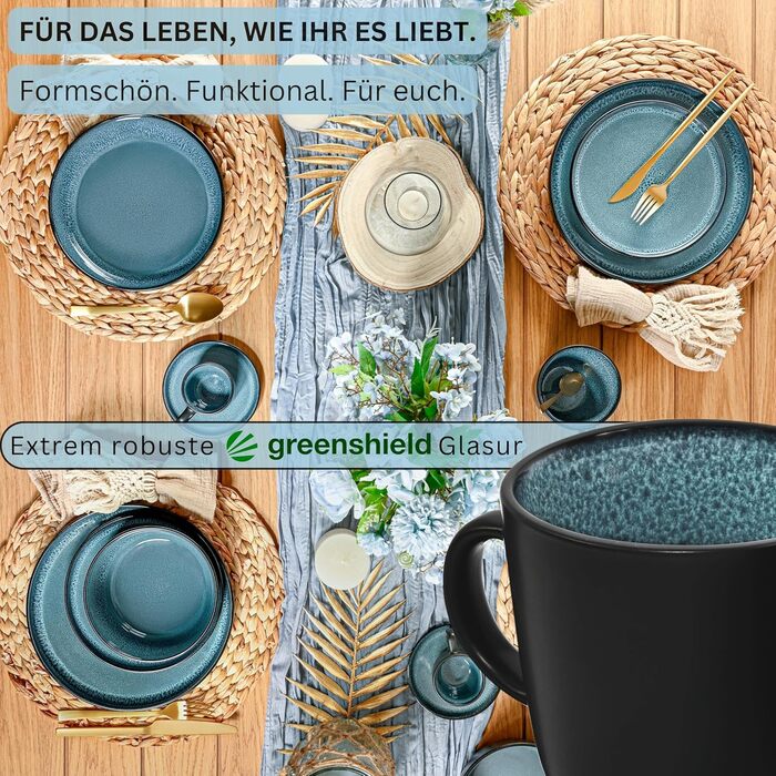 Набір кавових чашок Sänger Vigo (6 шт.) з порцеляни, 400 мл, блакитні з чорним обідком, стійкі до миття в посудомийній машині та мікрохвильовій печі | VALUE COLLECTION