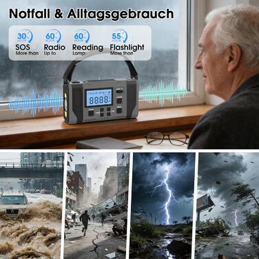 Сонячне радіо з ручним заводом 10000mAh Notfall: AM/FM, ліхтарик, SOS-сигнал, Power Bank, зарядка від сонця/USB/ручки, для кемпінгу, походу, надзвичайних ситуацій, сірий