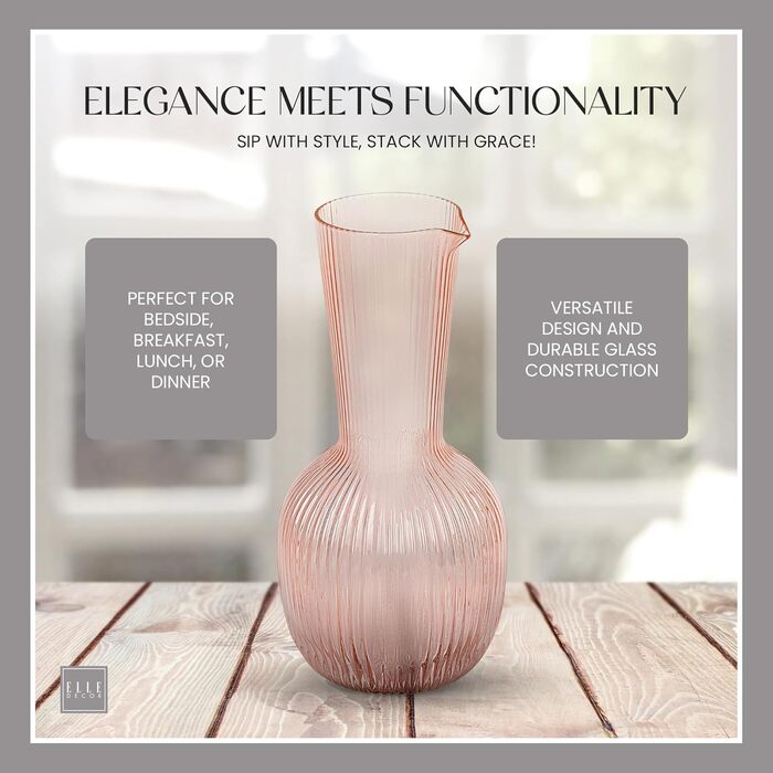 Elle Decor Ribbed Glass Carafe | Water Pitcher for Iced Tea, Wine Decanter, Mixed Drinks, and Beverages | Glass Carafe for Mimosa Bar | 1.1L Sangria Pitchers for Parties | 12 cm D x 24 cm H (Pink)