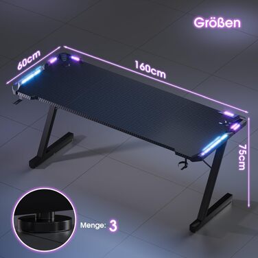 Ігровий стіл Devoko з LED-підсвіткою, комп'ютерний стіл для геймерів (чорний, 160 x 60 см)