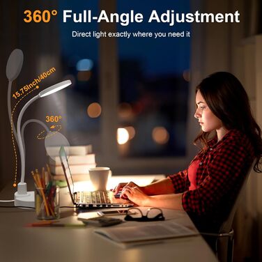 LED настільна лампа 15W з USB-A та USB-C – диммування, 3 колірні температури, 5 рівнів яскравості, таймер, гнусий 360° шийка, захист очей, для офісу та спальні (біла, 12 см)