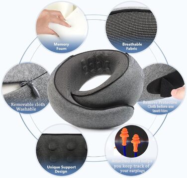 Подушка для шиї з регульованою капюшоном та 360° підтримкою шиї | Ергономічна подушка з піною з пам'яті для подорожей (літак, авто) | З чохлом та берушами | Дихаюча та пральна (темно-сіра)