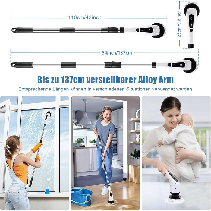 Електрична щітка для чищення Spin Scrubber бездротова, з 8 насадок, регульована ручка для ванної, кухні, авто та підлоги