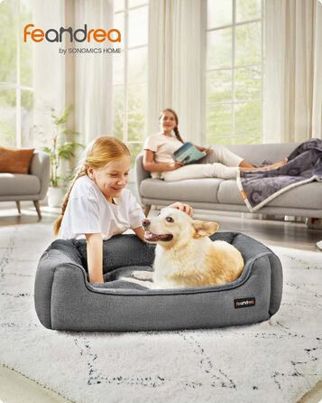Ліжко для собак Feandrea, м'який лежак для собак з льоновим покриттям, кошик для собак, підняті бортики, неслизьке дно, знімний та пральний чохол, L, для середніх собак, 90 x 75 x 25 см, світло-сірий