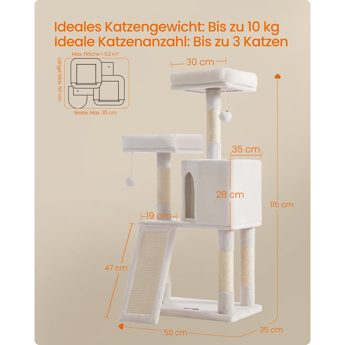Дряпка для котів Feandrea Kratzbaum Klein, з дряпальною дошкою, платформами, м'яким плюшем, 115 см, повністю обмотана сизалем, PCT141W01 (кремово-білий, 50 x 35 x 115 см)