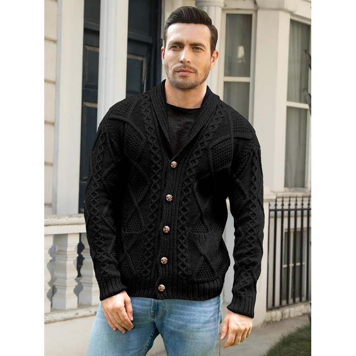 Чоловіча в'язана жилетка Comdecevis з коміром-шарфом, рельєфним в'язанням, на кнопках, з довгими рукавами, кишенями, темно-синього кольору (3XL)