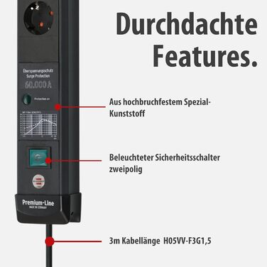 Бренненштуль Преміум-Лінія Мережевий фільтр 6 розеток з захистом від перенапруги до 60000A (з вимикачем та 3м кабелем, для кріплення на стіну, Made in Germany) чорний, розсіювач струму 60000 A