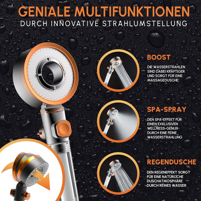 senstil® Premium Shower Head with Hose | Up to 60% water-saving hand shower | 3 Spray Modes | SPA, Rain Shower, Booster | Optimal water pressure, Smart-Stop button saves water & energy (White) (Orange)