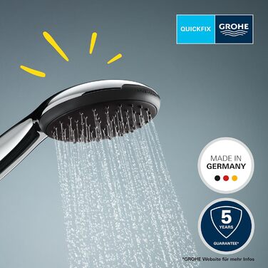 GROHE Vitalio 110 - 14l per minute (2 spray patterns, standard connection, silicone ring protects against falls, with 150cm shower hose), round, chrome, 26972001 (hand shower)