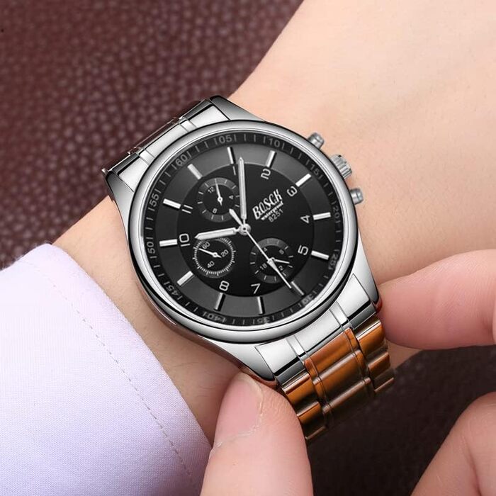 Годинник наручний чоловічий BOSCK, 40 мм, автоматичний календар (дата та день тижня), водостійкий, сталевий, чорний/сріблястий