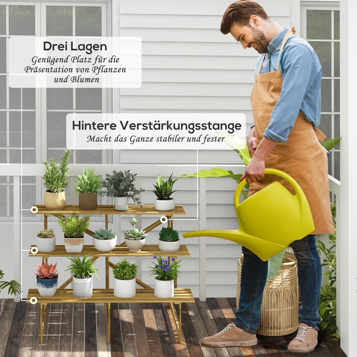 Outsunny Plant Ladder Flower Shelf 3-Tier Fir Wood 120x80x78cm for Garden Balcony & Terrace