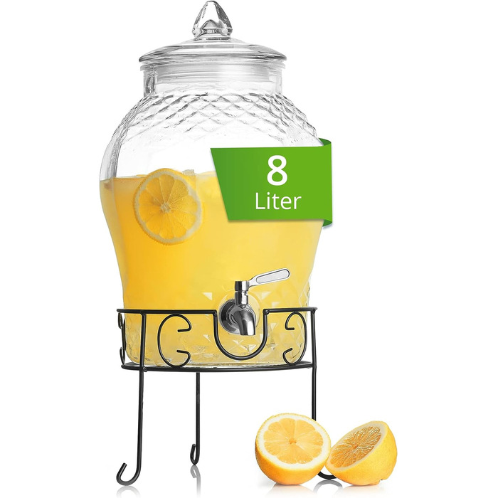 Glass Giraffe - Drink Dispenser with Stainless Steel Tap and Stand - 8 Liter - Water Dispenser - Carafe for Punch and Cocktails - Glass Lemonade Dispenser - Glass Vat