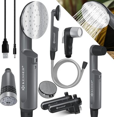 Портативний душ KESSER для кемпінгу з акумулятором, 12В, USB зарядка, занурювальний насос, ручна лійка, для авто, саду, домашніх тварин, у комплекті сумка, антрацит/чорний