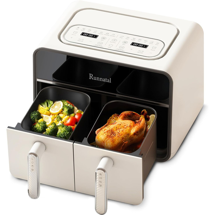 Runnatal Dual Zone Hot Air Fryer with Viewing Window, 8L Airfryer, 2100W, 2 Compartments, 14-in-1 Double Chamber Hot Air Fryer with Vegetarian and Meat Pots, 2 Chamber Airfryer, Non-Stick Coating