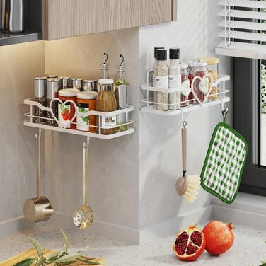 Двосекційна поличка для душу без свердління з 4 гачками, органайзер для шампуню та мила, поличка для ванної кімнати (11.5 см, білий)