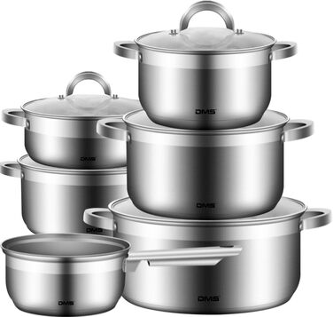 DMS 11-Piece Cookware Set made of high-quality stainless steel | Induction | Coated Cookware Set | Cookware | High-Quality Kitchen Set | Easy to Clean | Saucepan with Handle | Glass Lid TSE2011C