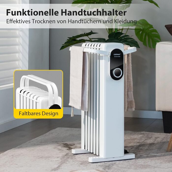 Масляний радіатор COSTWAY 1500W з 7 ребрами, 5-35°C, 3 режими нагріву, мобільний, з захистом від перегріву, білий