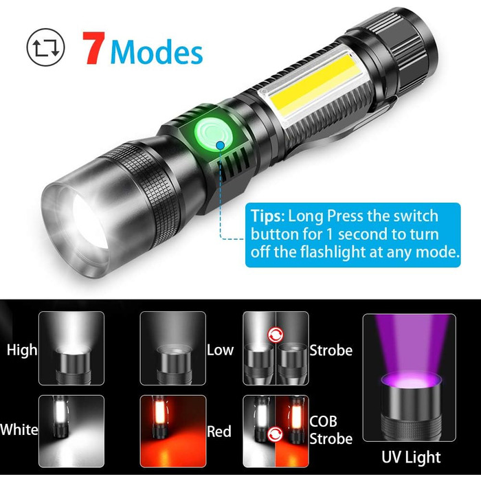 Karrong LED ліхтарик USB з магнітом, ультрафіолетовий 395 нм, 7 режимів, червоне світло, акумулятор, для кемпінгу та туризму, 2 шт.