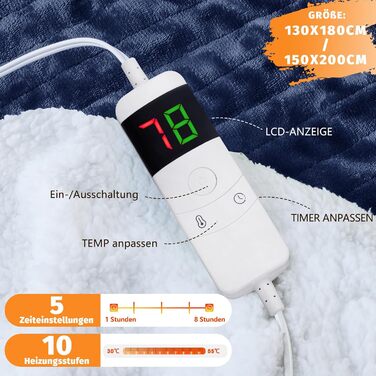 Електрична ковдра BOMOVA з автовимкненням, плюшева ковдра для дому, 10 температурних режимів, таймер, подарунок для жінок, блакитна, 130x180 см