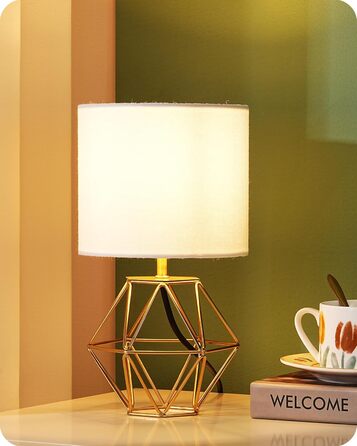 EDISHINE Настільна лампа, сучасний індустріальний дизайн, цоколь E14, вінтажний стиль, для спальні/вітальні, білий/золотий лін, золото