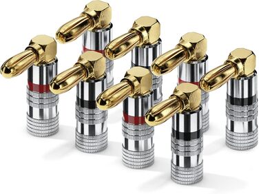 Бананові конектори Sonero® для акустичних кабелів до 6 мм², 4 шт. з кольоровим кодуванням (12x червоний, 12x чорний), 24K позолота (8 шт., кут 90°, Single)