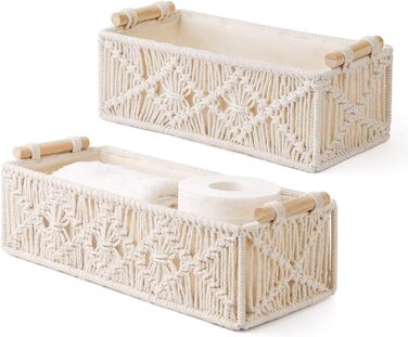 Macrame Hand Storage Baskets Decorative Box Handmade Woven Desktop Vanity Organizer Shelf Closet Organizer, Boho, for Bedroom, Kids' Room, Living Room, Set of 2, Ivory