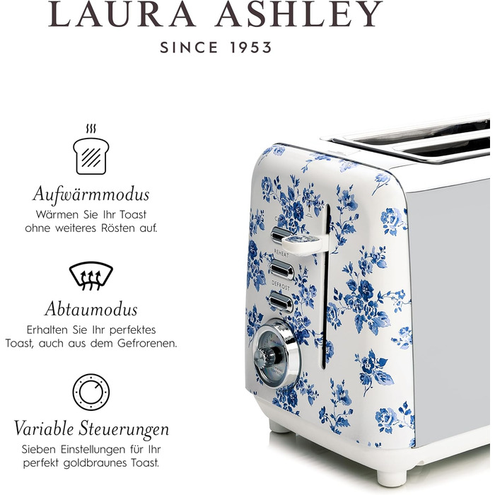 Тостер VQ Laura Ashley з 4-ма тостами, регулюванням нагріву, функцією розморожування та підігріву - модель Vintage з підставою для круасанів, нержавіюча сталь, колір 