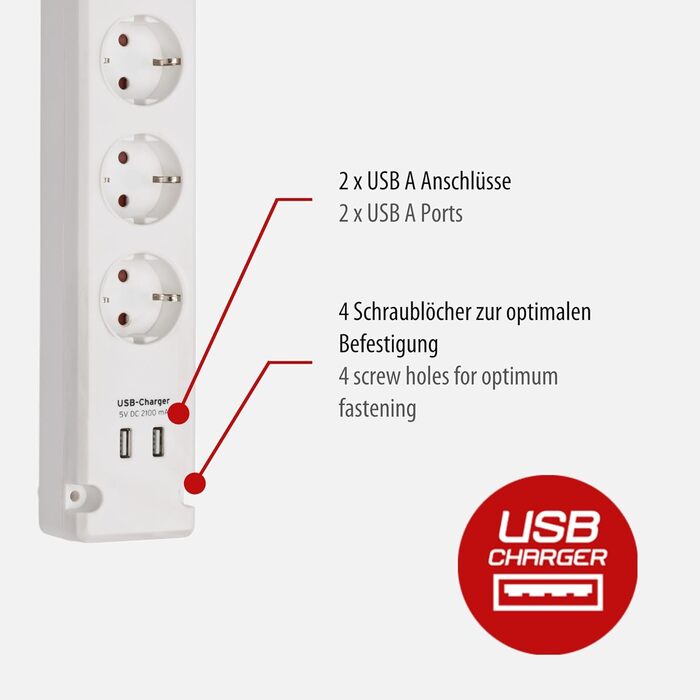 Смуга розеток Brennenstuhl Bremounta з USB-зарядкою (5 розеток, вимикач, для кріплення на стіну, 2x та 3м кабель, білий)
