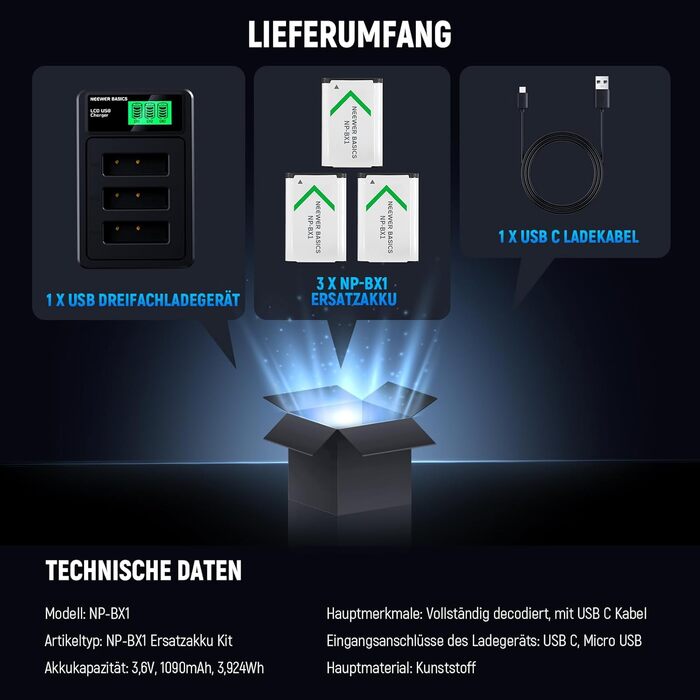 NEEWER 3 шт. Запасні акумулятори NP-BX1 з USB зарядним пристроєм, 1090mAh, сумісні з Sony ZV1, ZV-1 II, RX100, RX100II, RX100M II, HDR-AS15, HDR-AS30