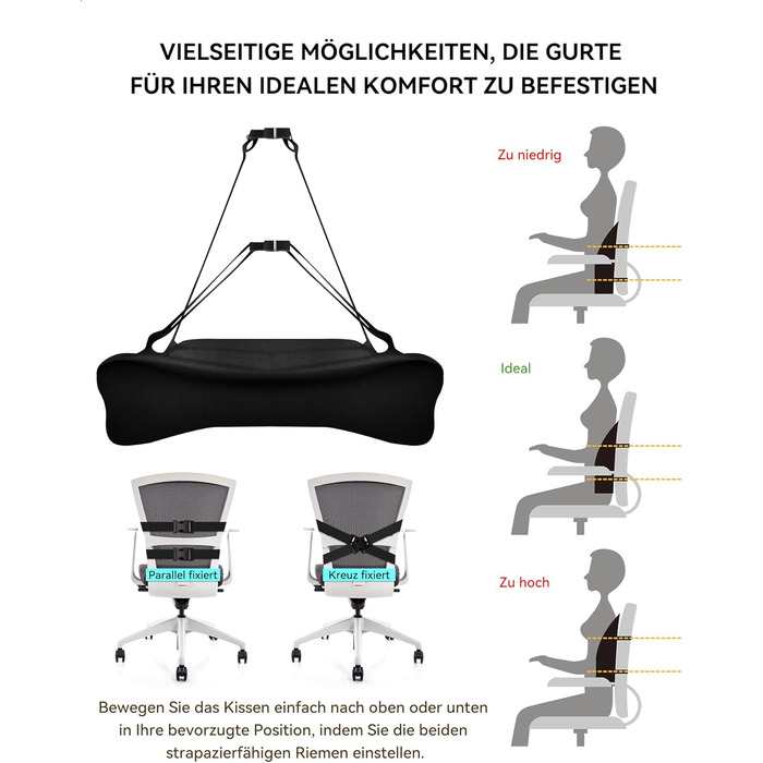 Подушка для спини Ergonomica Travel Ease з Memory Foam, для офісного та комп'ютерного крісла, з антистатичним, приємним до шкіри чохлом, для комфортної посадки (Чорний)