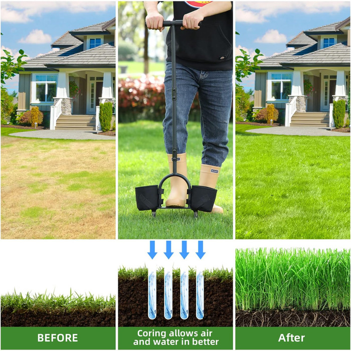 Ohuhu Aerator for Lawns, Lawn Aerator, Core Aerator with Storage Bag and Cleaning Tool, Heavy-Duty T-Handle Lawn Aerator for Compacted Soil Lawn Care