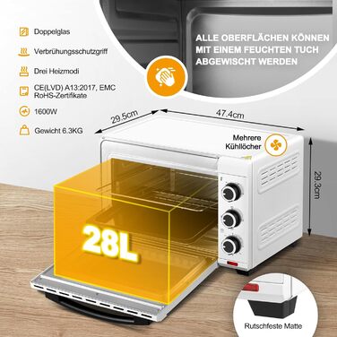 Міні-піч WOLTU 28 л, піч для піци 1600 Вт, 100-230°C, таймер 0-60 хв, 3 режими нагріву, з деко, решіткою, підсвічуванням крихт, підйомником решітки, для випікання, запікання, розморожування, підігріву (біла)