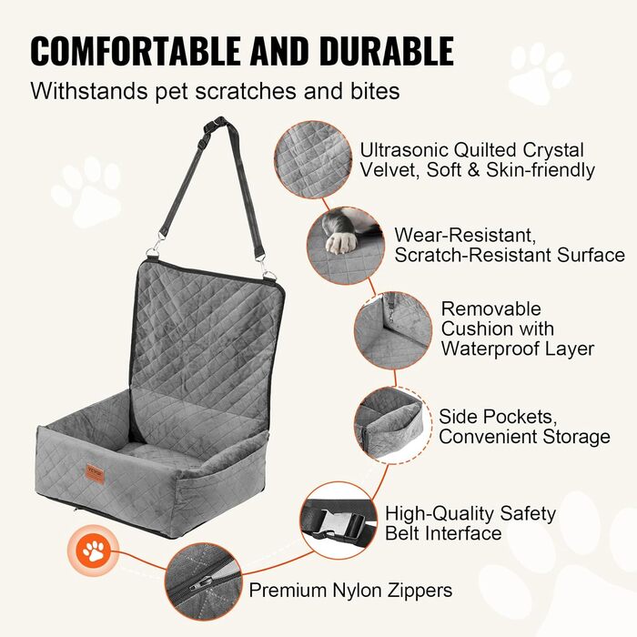 Автокрісло для собак VEVOR, підставка для собак у машину з кишенею для зберігання, страхувальний поводок, наповнювач з губки та PP-бавовни, автоліжко для собак маленьких та середніх порід до 18 кг