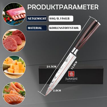 Японський ніж JUANSHI® 13 см - універсальний професійний кухонний ніж з ручкою з пакахвуду, високоякісний вуглецевий нержавіючий сталь, 2024227