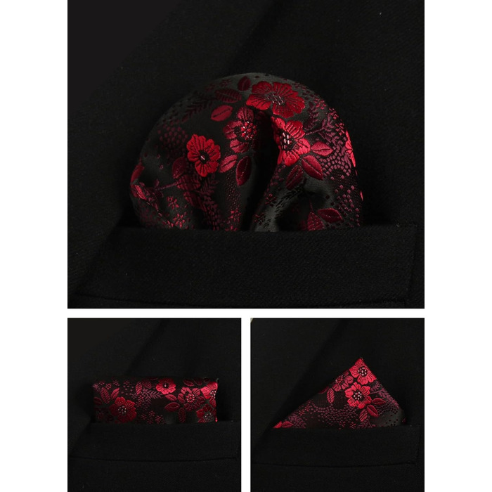 Чоловічий краватковий комплект: краватка з квітковим візерунком пейзлі, нагрудна хустинка, затискачі для краваток та запонок. Чорно-червоний колір, подарункова коробка.