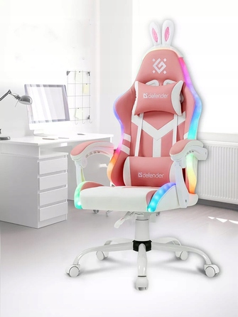Ігрове крісло Defender IDEAL рожеве, з котячими вушками та LED-підсвіткою, обертове