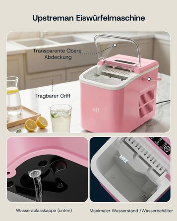 Машина для приготування льоду Upstreman BI12: рожева, автоматична очистка, для дому, кухні, офісу