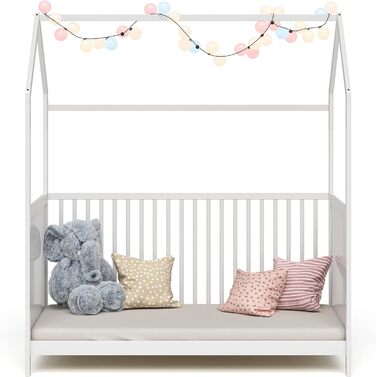 Bellabino Nika Babybett in House Style 70 x 140 cm, crib and house bed for children and babies made of solid pine wood in white, 3-fold height adjustable including slatted frame