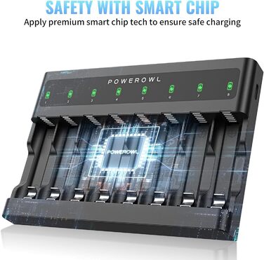 Зарядний пристрій PowerOWL на 8 батарейок, надтонкий, з незалежними слотами, USB-C зарядка для перезаряджуваних акумуляторів AA AAA