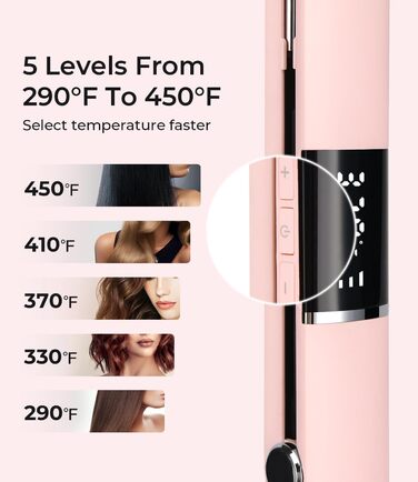 Плойка для волосся PRITECH з титановою пластиною, LCD-дисплеєм, регулюванням температури 150–230°C, універсальна напруга (Рожева)