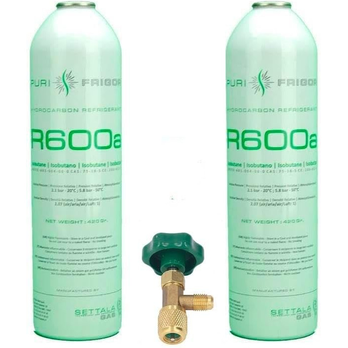 Холодоагент R600a (ізобутан) для холодильників, 420 г – рідкий газ для холодильників, морозильників, вітрин, флаконів, з сервісним вентилем, висока ефективність