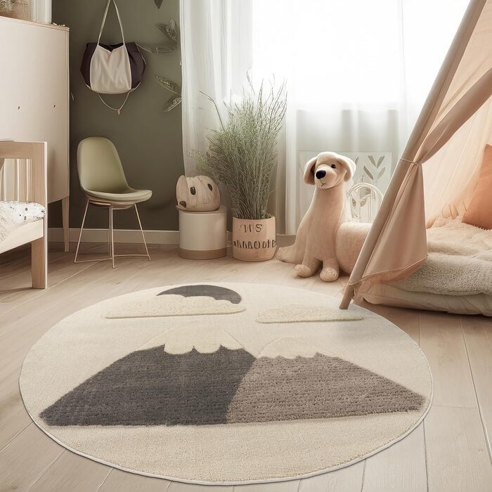Paco Home Rug Children's Room Rug Play Rug Crawling Rug Short Pile Motif Sun 3D Effect Soft Modern Decor, Size: 160 cm Round, Color: Cream 2 160 cm Round Cream 2