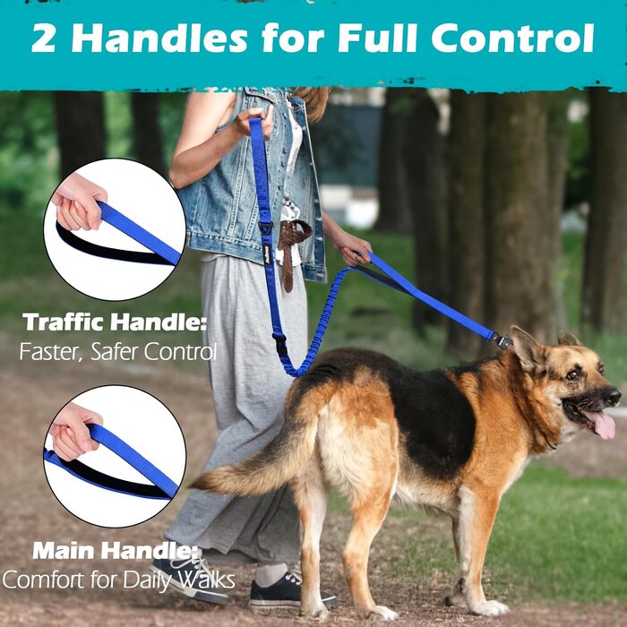 Міцна тактична повідка для собак PetBonus, 1,5м, еластична, з 2 м'якими ручками, страхувальний ремінь для авто, нашийник-повідок для дресирування собак великих та середніх порід (Армійний зелений, Синій)