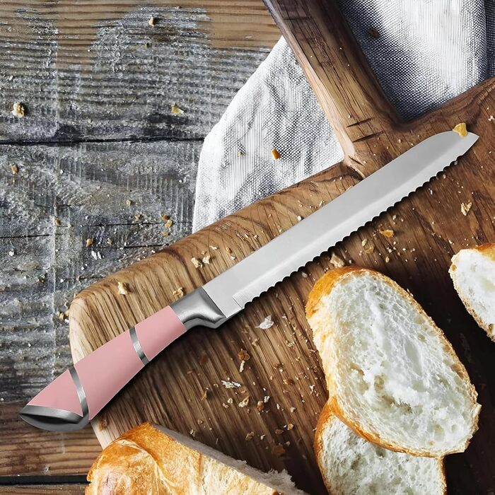 Набір кухонних ножів 9 шт. з поворотним блоком з акрилу, професійний набір кухонних ножів з нержавіючої сталі, з точилкою, подарунок для сім'ї (рожевий)