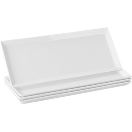DOWAN Rectangular Serving Plates, Ceramic 36.8 x 15.2 cm, Rectangular Porcelain Plates, Dinner Plates for Meat, Fish, Sushi, Dish, etc. Neutral White, 4 Pieces