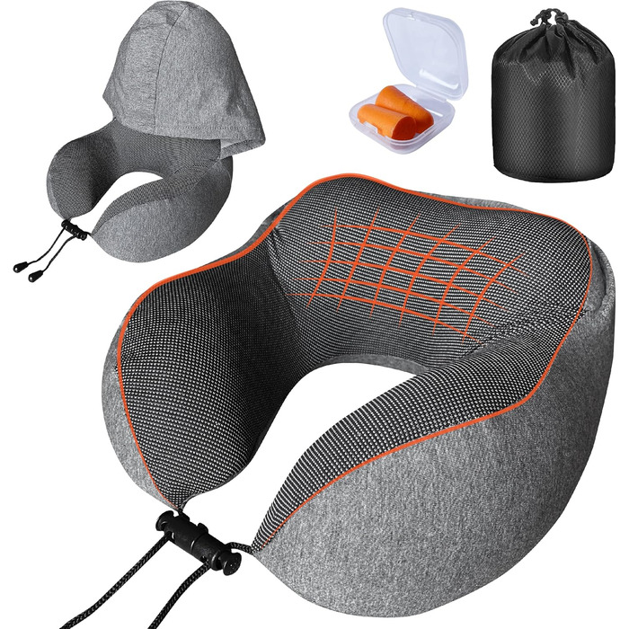 Подушка для шиї у подорожах з капюшоном та навушниками, віскоеластична подушка для шиї