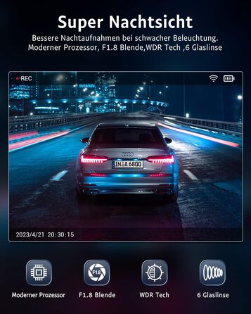 Відеореєстратор GKU Dashcam Auto: 2.5K, 1600P, WiFi, 170° Кут огляду, Mini, WDR, Нічне бачення, G-сенсор, Паркування, Loop, App, 256GB