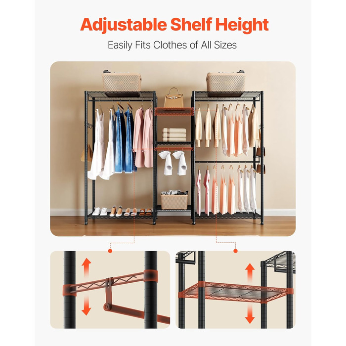 Стійка для одягу VEVOR з 4 перекладинами, 7 полицями та 8 гачками – міцна конструкція (385,5 кг) для спальні, магазину одягу, прихожої