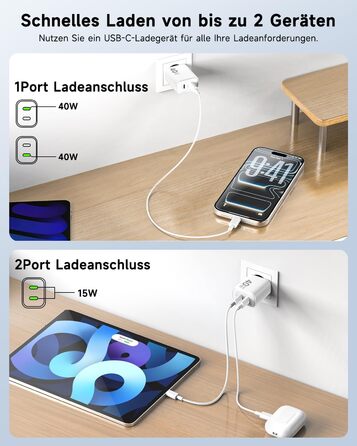 Зарядний пристрій 2x40W USB-C для iPhone 17 Pro Max/Pro/16/15 Plus, iPad Pro/Air, з кабелем 2м (Білий)