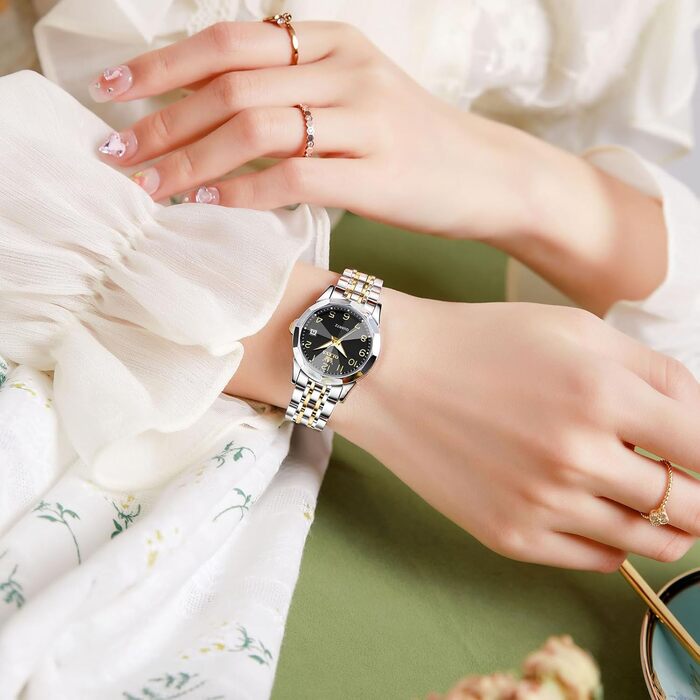 Годинник жіночий OLEVS з нержавіючої сталі, кварцовий, з датою, водонепроникний, чорний циферблат, двоколірний браслет